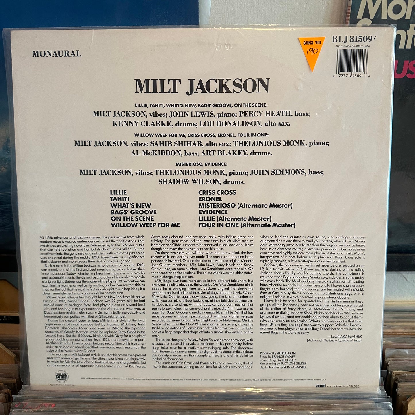 Milt Jackson - with John Lewis, Percy heath, Kenny Clarke, Lou Donaldson and the Thelonious monk quintet